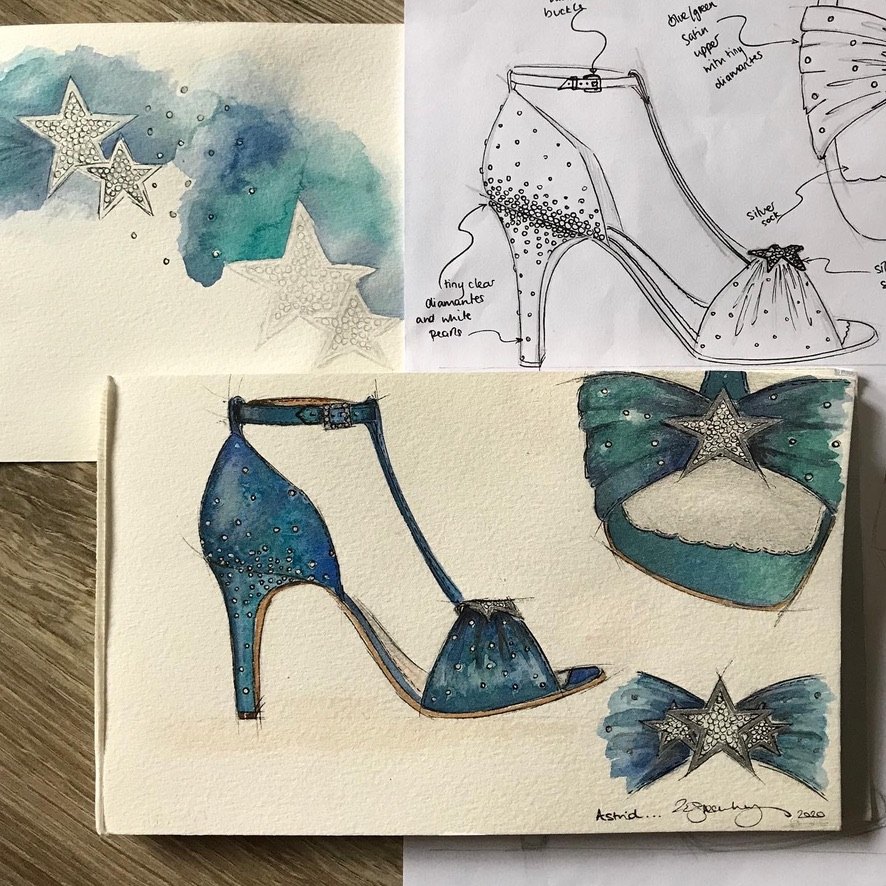 Zoe's watercolour design sketch of the Astrid sandal: a teal satin T-bar heel scattered with diamantés and a sparkling star on the toe, 2020